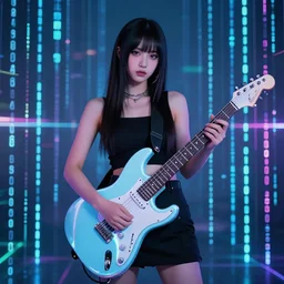 cyber guitar girl holding futuristic lighting guitar behind a wall of matrix, cyberpunk in synthwave aesthetic, sci - fi, illustration by atey ghailan, by greg rutkowski, by greg tocchini, by james gilleard, by joe gb fenton, symmetrical features, royally decorated, organic, whirling gasses, colorful torn nebulas, radiant vibrant colors