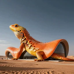 archdaily architectural photography of a fun long building that looks like an orange and yellow lizard in the middle of a desert, architecture in the shape of a varanus caspius monitor lizard, lizard skin textured facade, designed by norman foster
