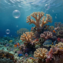 impasto oil painting, a coral reef under the sea, surrounded by marine life, as a dnd cover illustration, floating big bubbles, concept art, extremely detailed, smooth, sharp focus, art by brothers hildebrandt