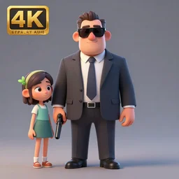 Big agent in suit and sunglasses with pistol in right hand standing besides girl with plant in her hand, 3d render, Pixar concept art, octane render, 8k, studio light, grey background
