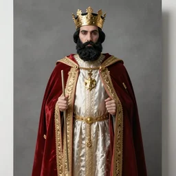 Official royal portrait of a king, middle ages, full body, front facing, ominous, black beard, wearing royal crown, dark red embellished tunic, dark background, detailed, hans holbein, highly dramatic, 15th century oil painting