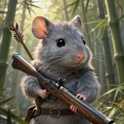 dungeons and dragons fantasy painting, portrait of an ahigaru mouse with a matchlock, tanegashima, whimsical and cute, determined expression, watery eyes, anime inspired by krenz cushart, light grey fur, tufty whiskers, feathered arrows, bamboo forest, dawn lighting, by brian froud jessica rossier and greg rutkowski