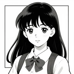 a beautiful school girl, Hayao Miyazaki manga style, black and white manga comic, Naoko Takeuchi manga style, shoujo manga