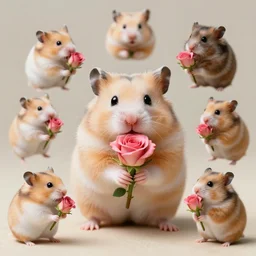 detailed photo of a hamster holding roses, various poses, full body, unedited, daylight, dof 8 k