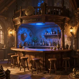 alchemy tavern, hyperdetailed, artstation, cgsociety, golden hour 8 k, volumetric lighting, blue light