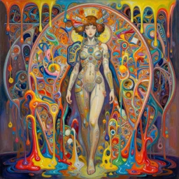 an hiper intricate oil painting of a beautifull surreal cyberpunk woman surounded by melting colorfull wax drips, colorfull, excelent composition, wide shot, by yoshitaka amano, by ellen jewett, by greg rutkowski, by alphonse mucha by jeremyg lipkinng, by rhads, by ross tran, artstation, octane render