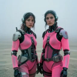 cinestill hasselblad 8 5 mm, f 1. 2, narrow shot, extreme motion blur, candid photographic portrait by helen levitt of 2 cyborgs wearing rugged neon pink mesh techwear in treacherous fog, burning man nevada, modern cyberpunk moody depressing cinematic, pouring rain, ultra realistic faces, ex machina
