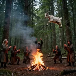 expresionism forest with a cult performing a ritual with a bonfire where a goat flies