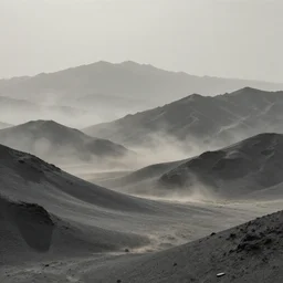 An invented, realistic, bokeh, foggy world. Mountains of gray sand, dust. Realistic, photo. Realistic shadows, mountains in the background. Desert, haze particles, dust particles, dust holes. Creepy world, landscape.