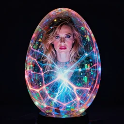 annie liebowitz portrait of a plasma energy tron candy glass egg, made up of glowing electric polygons and pixels with phosphor glow. cinestill