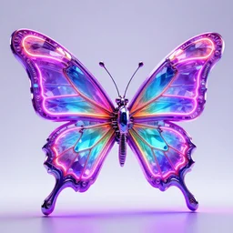 futuristic neon light shaped into mechanical butterfly, fluorescent, colorful, crystal, neon, violet, highly detailed body, powerful and magical, ornate, photorealistic camera shot, bright studio setting, studio lighting, crisp quality and light reflections, unreal engine 5 quality render