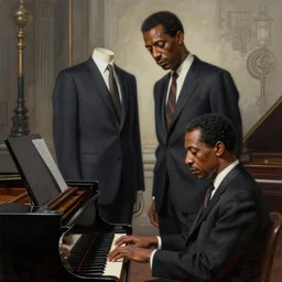 when john coltrane met mingus, a surreal drawing of extremely tall coltrane standing next to a piano player, dark jazz launge in paris 1 9 5 8, intricate, elegant, highly detailed, digital painting, artstation, concept art, smooth, sharp focus, illustration, art by wlop, mars ravelo and greg rutkowski