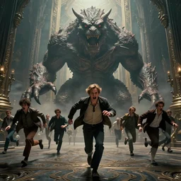 people running terrified of the giant monster in the background, high detail, 8k, ornate, dark fantasy, realistic, masterpiece, Trending on art station, complex, WLOP, film still from the movie directed by Denis Villeneuve with art direction by  Alex Grey, Greg Rutkowski