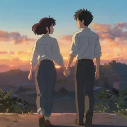 lovers holding hands walking into the sunset in style of Makoto Shinkai