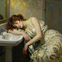 glitched anime photo of a woman sleeping in a public bathroom by J. C. Leyendecker and Edmund Blair Leighton and Charlie Bowater, Beksinski painting