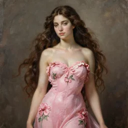 an ultradetailed mythological oil painting of a beautiful woman with long brown hair, full body, wearing pink floral chiton, sleeping on a giant scallop shell, near the seashore, intricate lines, elegant, renaissance style, by sandro botticelli