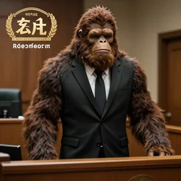 Bigfoot wearing a suit and tie testifying in court, DSLR photograph, photorealistic, award winning, dramatic