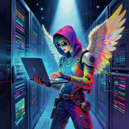 an androgynous angelic hacker with a laptop in vast cyberspace glitching through a vulnerable server, wearing sunglasses, futuristic clothes, vibrant colors, rule of thirds, spotlight, drips of paint, expressive, passionate, by greg rutkowski, by jeremy mann, by francoise nielly, by van gogh, digital painting
