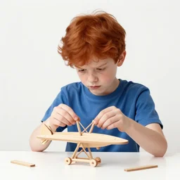 a frustrating digital painting of a redheaded boy trying to assemble a wooden flying model
