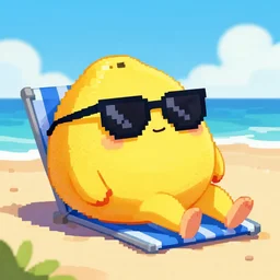 a yellow Grapefruit wearing sunglasses and relaxing on the beach, pixel