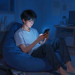 beautiful detailed!!!!!! digital painting of a short asian teenager with short hair sitting in a bean bag and playing on his phone in his dark!!! nighttime!!!! dimly - lit blue messy room, stunning digital painting, top digital painting, expressive character design, 4 k quality, highly detailed, smooth, sharp focus, clear, trending on artstation