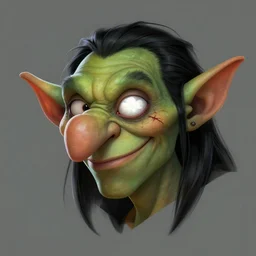 headshot of a goblin with a bulbous nose, long ears, black slick hair, a white clouded eye and a scar, wicked smile, greenish skin, dnd illustration, concept character in the style of boris vallejo and jeff easley, digital art, photoshop, trending on artstation,