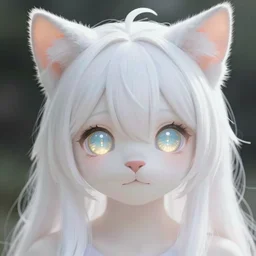 a cute catgirl with white hair and ears and glowing eyes cinematic 4k
