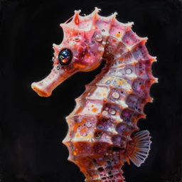 close - up portrait of a seahorse mecha with pearlescent eyes, pink and orange colors, highly detailed science fiction painting by syd mead, roger dean, and moebius. rich colors, high contrast, cosmic black background. unreal engine, artstation.