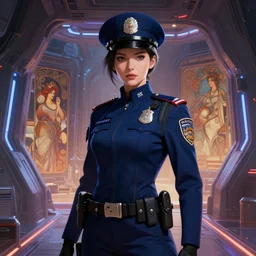 portrait futuristic planet mars police uniform female, in a future huge spaceship internal, neon light, ssci - fi and fantasy, intricate and very very beautiful and elegant, highly detailed, digital painting, artstation, concept art, smooth and sharp focus, illustration, art by tan zi and ayanamikodon and alphonse mucha and wlop