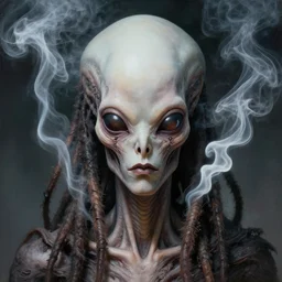 close up sci - fi cosmic horror art simon stalenhag alien dreadlocks, smoke white weed skin, elegant, highly detailed, centered, digital painting, concept art, smooth, sharp focus, illustration, artgerm, tomasz alen kopera, peter mohrbacher, donato giancola, joseph christian leyendecker, wlop, frank frazetta