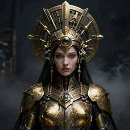 a dark sci fi matte painting portrait of a graceful mech priestess wearing a massive ornate headdress made of realistic metal and sci fi armor, art deco, cinematic lighting, smooth, dark sci fi, unreal engine, octane render, by vitaly bulgarov, golden rule, subject in center of frame, fog volumes, cgsociety