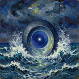 intergalactic stargate portal in the middle of a stormy sea, with waves crashing all around it by franz marc and lee madgwick, style of mediterranean