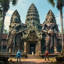 cyberpunk angkor wat with giant mechanical and angry asian gods, small robots, ancient trees by paul lehr
