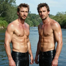 chris evans and michael fassbender by a river, bright sunlight, oil covered skin, painting by gaston bussiere, craig mullins