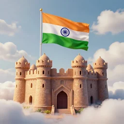 indian flag on castle, 3 d, volumetric, photo by alexey kurylev clouds, octane, 3 d render, 3 ds max + vray, art by beeple, india, cinematic