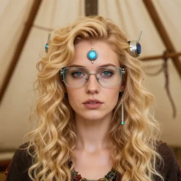 vertical photo of polish female in primitive tent, blonde, curly hair, symmetrical beautiful face, cyberpunk glasses, cyberpunk decorations and jewelry, native costume, standing in the primitive tent, fashion editorial photography, hyperrealistic, from vogue magazine, reflections, refraction, gold, teal, orange