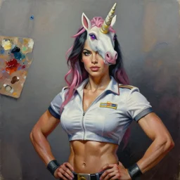 palette knife oil painting portrait of estrella, a female muscular bouncer with a unicorn horn, extreme detail, artstation trending, artgerm, any racial background, deviant art, octane, substance, art history 8 k