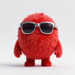 3 d render of completely red hairy friendly antropomorphic cartoony creature wearing chrome shades, full body, simple, cute, white background, unreal engine 5 hdr