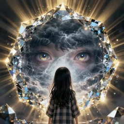 a young girl with long black hair and chequered!! robe!! is watching a storm inside a symmetrical fantasy crystal. atmospheric, eyes are shining, 4 k, highly detailed. surrounded by golden rays of light