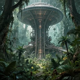 epic alien jungle by zdzisław beksinski, greg rutkowski inside a giant futuristic factory by zaha hadid, inspired by a movie existenz