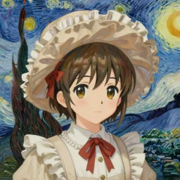 portrait of a character from touhou project with a large frilly hat, painting by van gogh, anime girl, beautiful, cute, moe, face detail, sharp focus, highly detailed, classic painting, cute frilly clothing