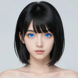 « portrait, attractive, blue eyes, black hair, middle length hair, ghost in the shell, front view, kj, manga »