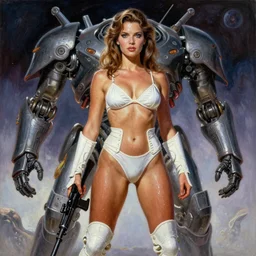 A mixed media portrait painting of a very beautiful light-brown-haired woman on an alien planet, very curvy, aesthetic! high-waisted white-bikini-armor and boots, starship-troopers-rifle, aesthetic symmetrical face and eyes, model, wet, pacific-rim-mech in background, by Frank Frazetta, Boris Vallejo, Beeple, Greg Rutkowski, Christian MacNevin, eighties pinup style, epic fantasy character art, high fantasy, CGsociety, exquisite detail, post-processing, masterpiece, cinematic