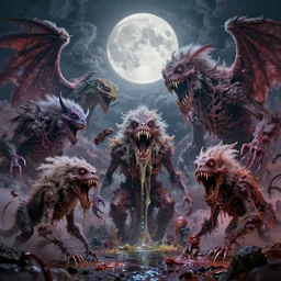hybrid of all animal, mythical monsters, lovecraftian, lots of teeth, melting horror, fluffy feathers, round moon, rich clouds, fighting the horrors of the unknown philosophy, acid, dmt, lsd, high resolution, very detailed, colorful
