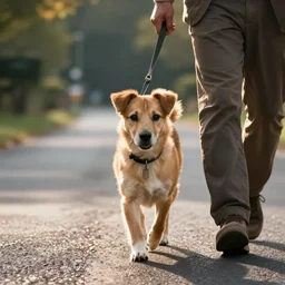 color photo, a doggy - man walking on the road.