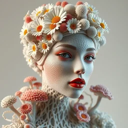 beautiful porcelain ivory woman biomechanical, elegant haute couture, iris van herpin, laser cut foliage mesh, headdress with daisies, colorful puffballs, intricate fractal mushrooms, rhizomorphs, brackets, sponge corals, red plump lips, hyper detailed, ultra sharp, soft light, 8 k, uhd