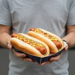 a man holding three hot dog wieners