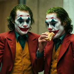 cinematic shot of the joker standing next to the joker and eating bread, 8 k, intricate,