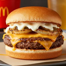 a photograph of the new gollum burger from mcdonalds, it looks mouth watering with melting cheeses and grilled onions, 1 0 0 0 island dressing and pumpernickle bread cooked to perfection, food photography