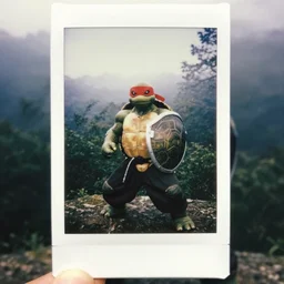 a badass turtle fighter animal anthropomorphic with red bandana on his eyes, wearing black hakama and a shield made out of a turtle shell, on deep forest peak, cinematic focus, polaroid photo, vintage, soft lights, foggy, by oleg oprisco, by thomas peschak, by discovery channel, by victor enrich, by gregory crewdson